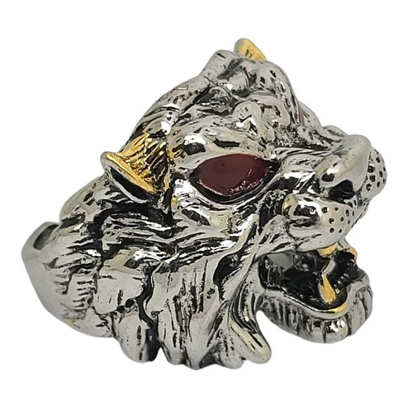 Antiqued Silvertone Red Enamel Gold Embellishments Beast Head Ring - Picture 2 of 6